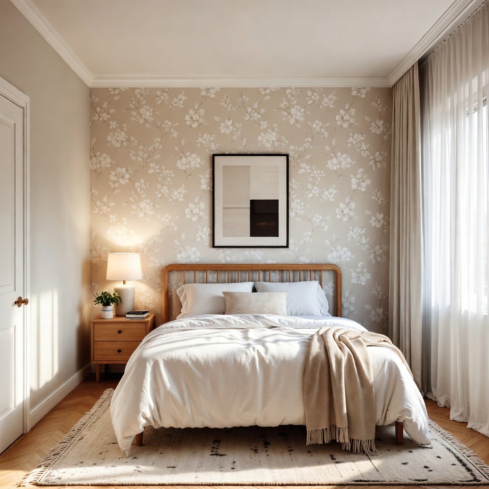 Bedroom with patterned wallpaper and cozy decor