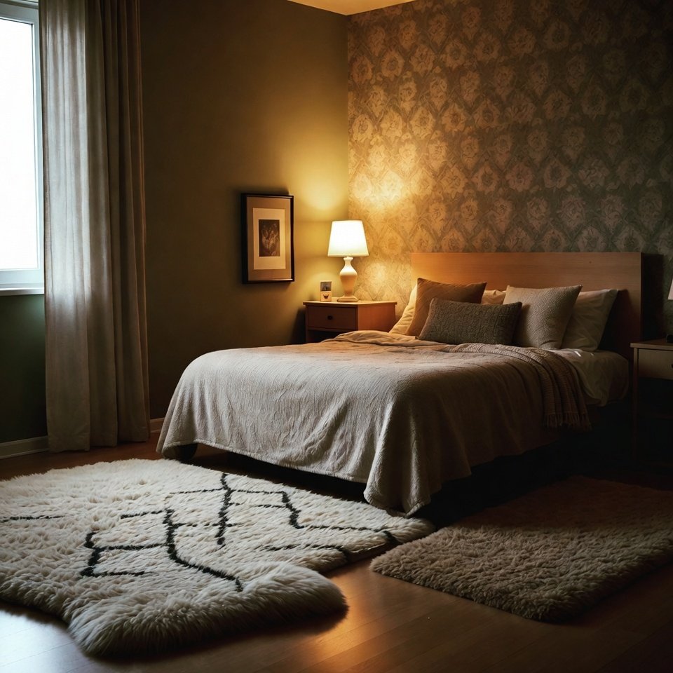 Bedroom with a soft area rug placed under the bed, adding texture and warmth to the floor.