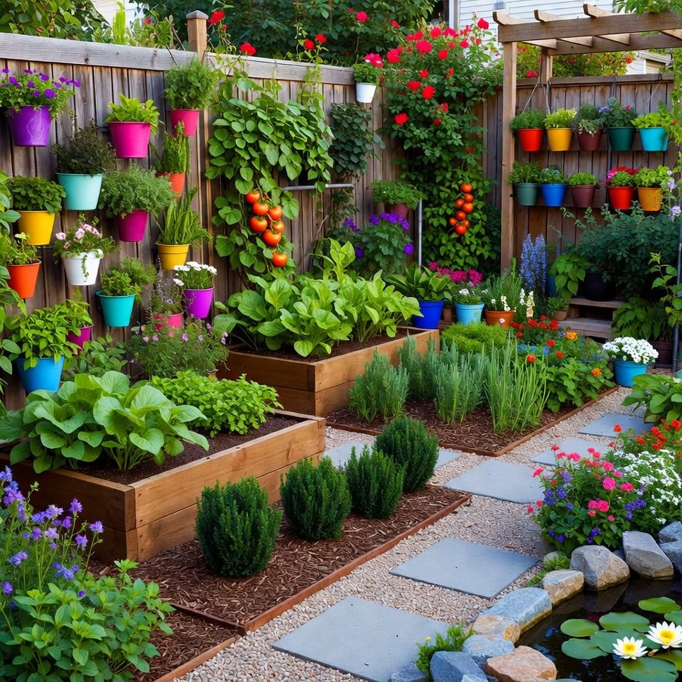 Backyard with patio seating and a garden area filled with plants, flowers, and neatly arranged greenery.