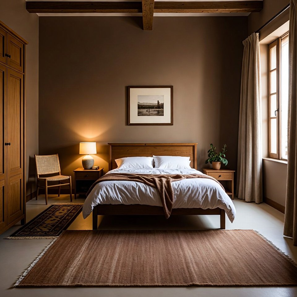Cozy bedroom decor with a soft area rug and wooden furniture creating a warm and natural bedroom design.