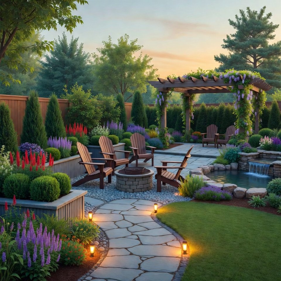 Small landscaped garden with stone pathway, flowering plants, and trimmed shrubs beside a modern house.