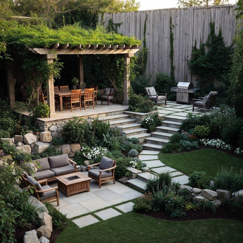 Modern garden patio with wooden deck, outdoor dining set, and surrounding greenery.