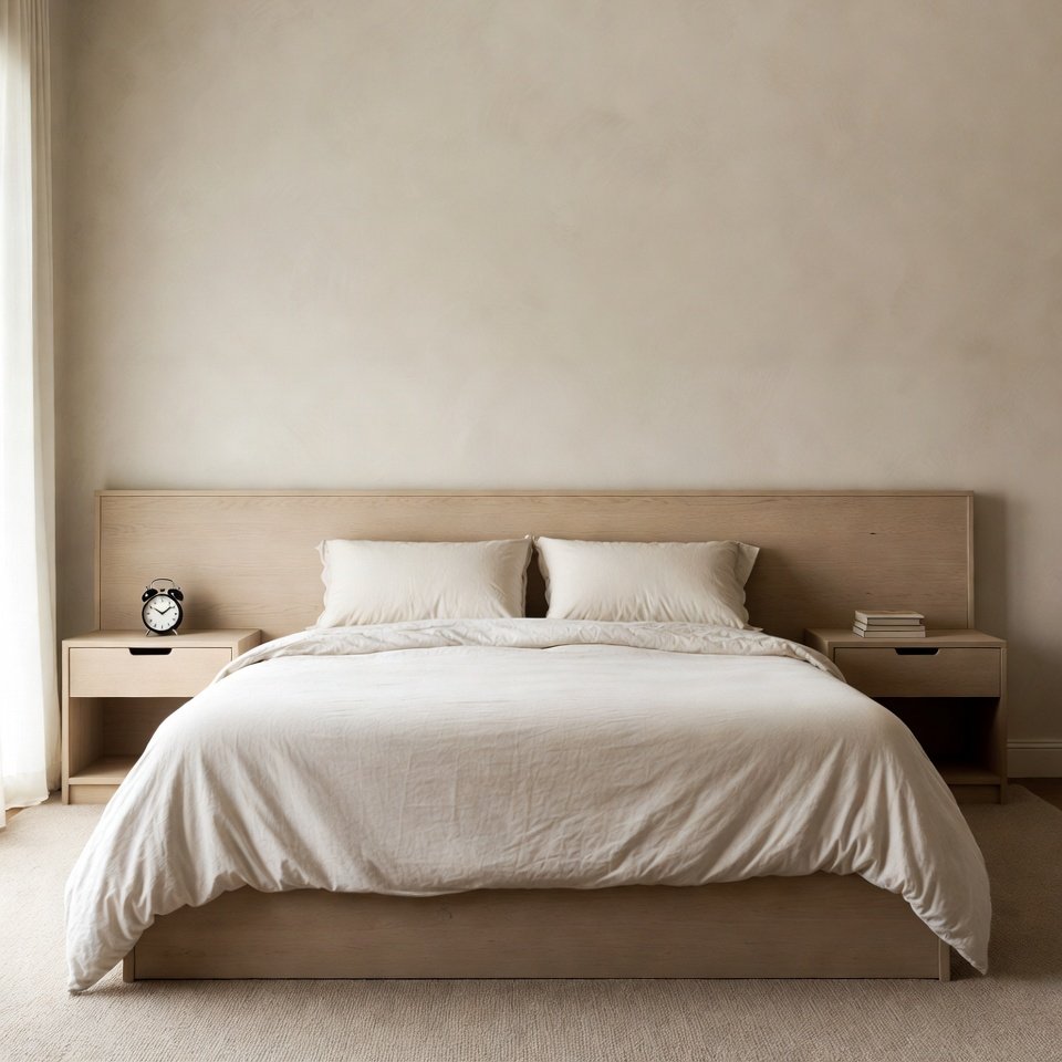 Bedroom with twin or twin XL bed set featuring a compact bed, matching nightstand, and simple bedroom décor.