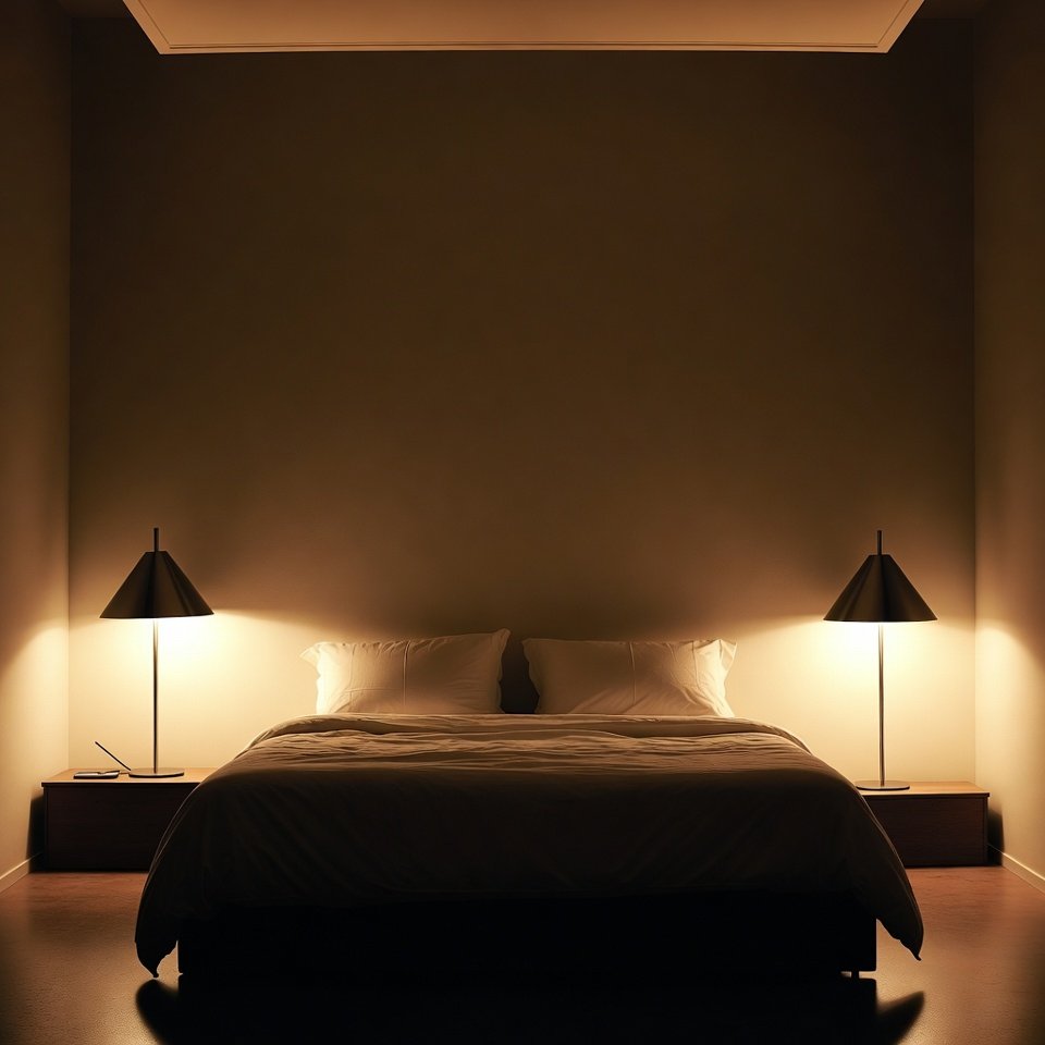 Cozy bedroom with neutral tones, layered bedding, and wooden furniture creating a warm and inviting atmosphere.