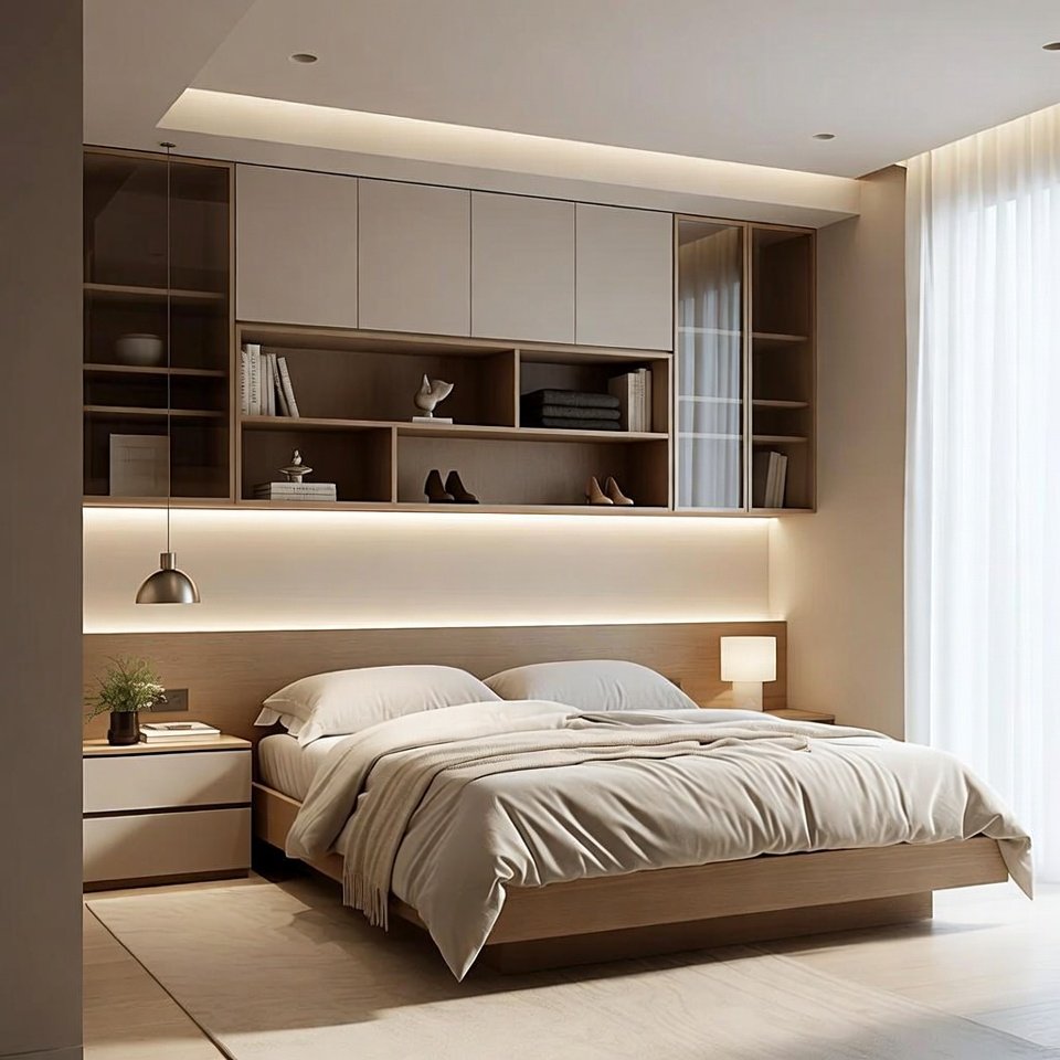 Bedroom with smart storage featuring a bed with built-in drawers, wall shelves, and organized storage units.