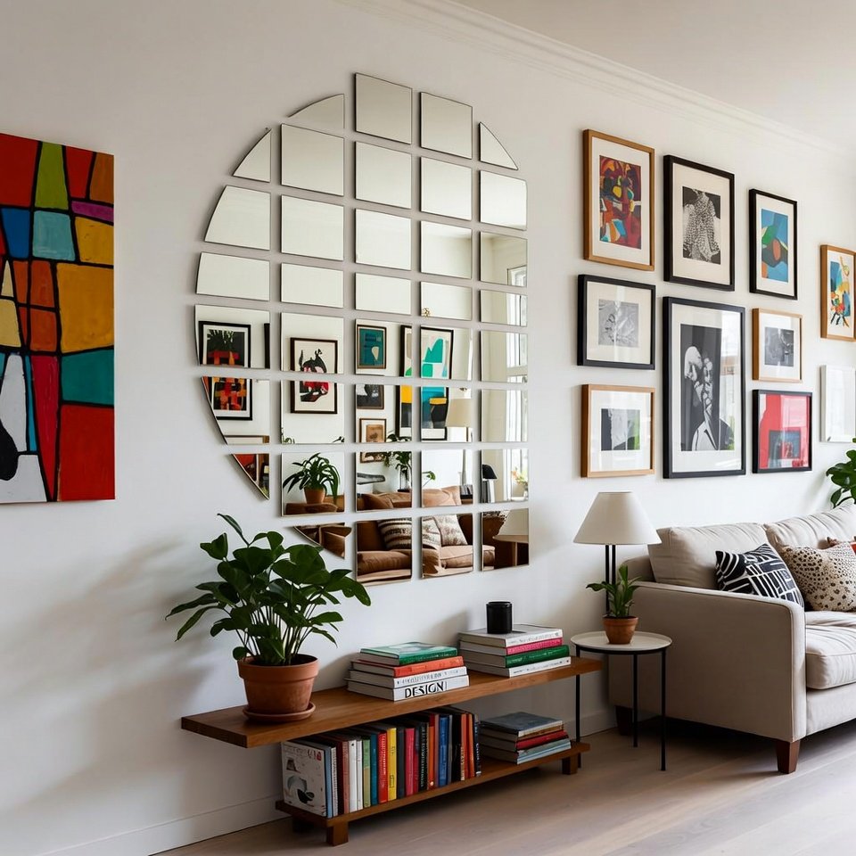 Modern living room wall decorated with framed artwork and stylish accents