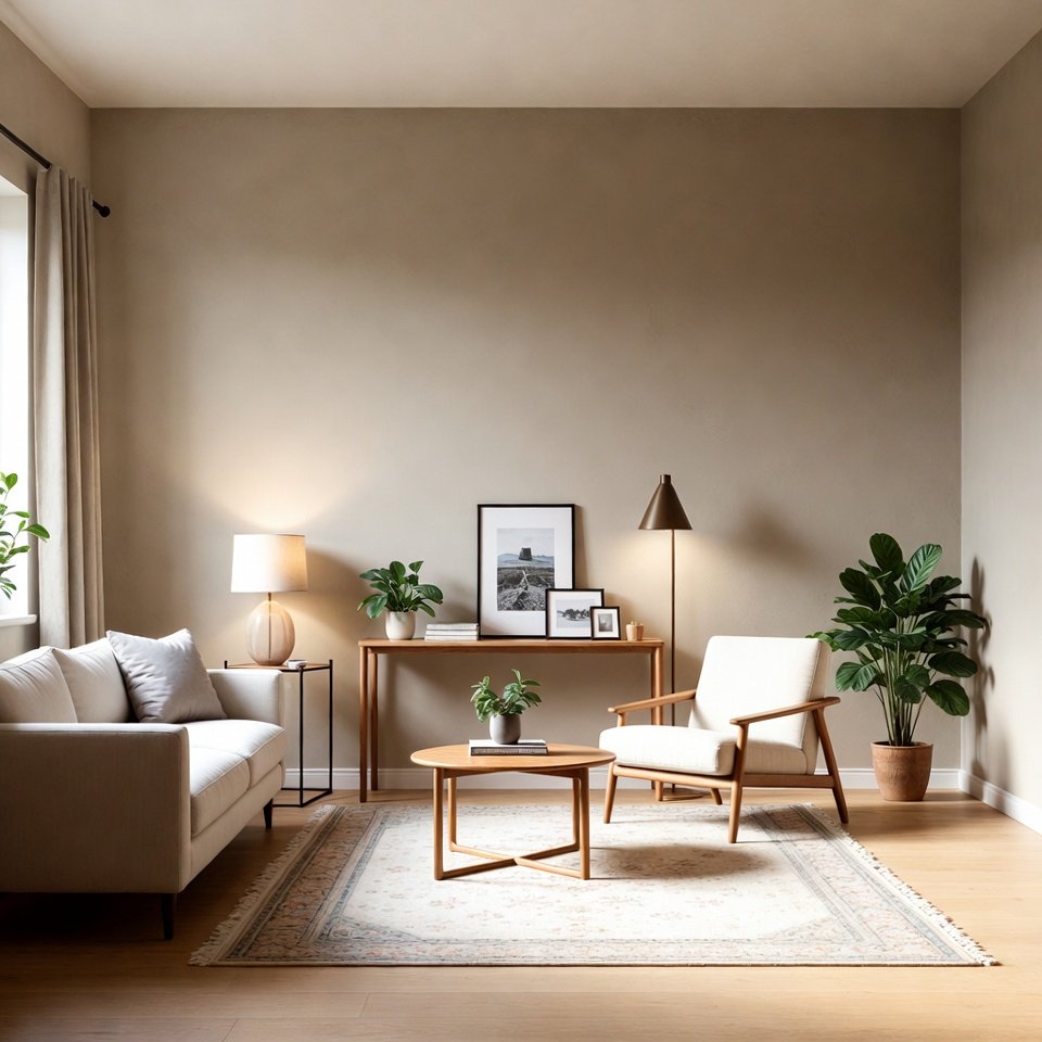 Living room interior with side tables and a console table placed beside the sofa and along the wall.