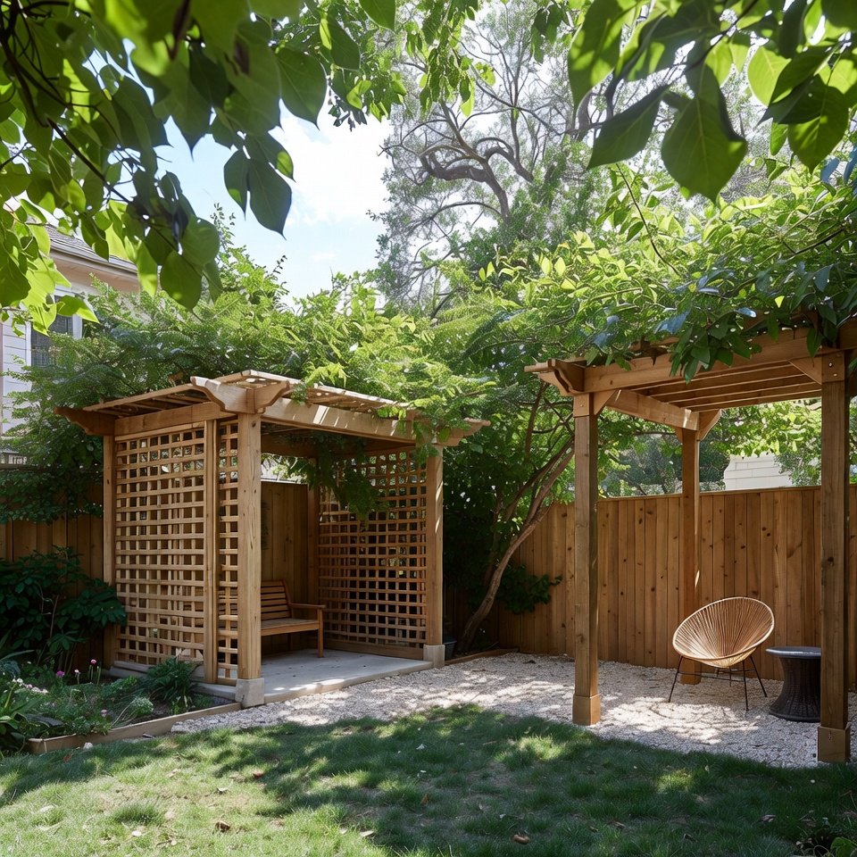 Modern backyard garden with raised planter boxes, stone pathway, and a small wooden seating area.