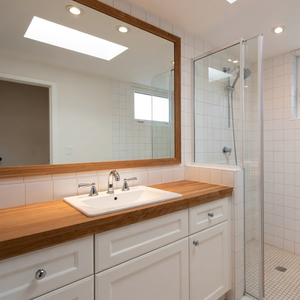Modern master bathroom with a large vanity, wide countertop, and clean layout