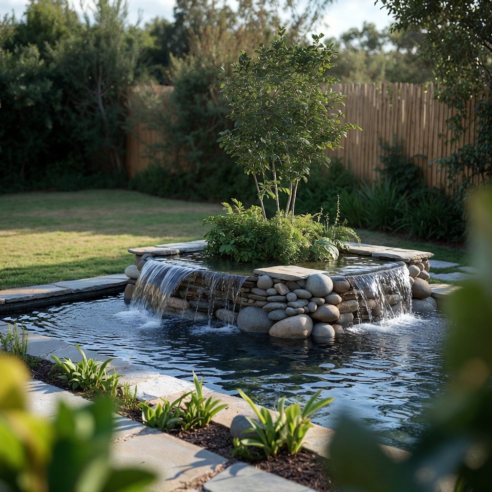 Backyard patio with a small water feature, seating area, and landscaped plants creating a calm outdoor setting.