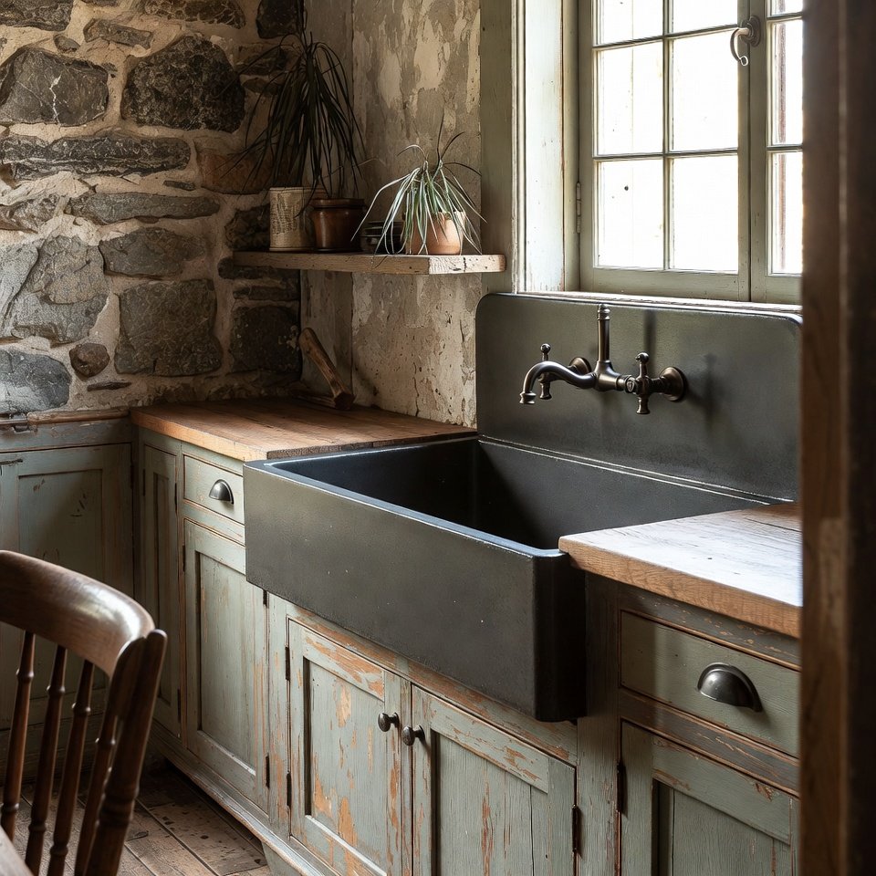 Kitchen with a farmhouse sink featuring a deep apron-front basin set into a rustic style countertop