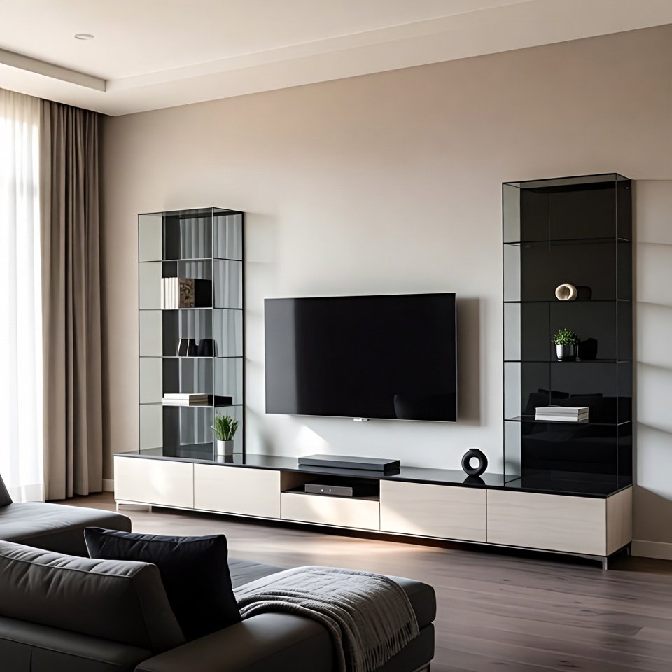 Living room interior with a modern TV unit placed against the wall and a comfortable seating area.