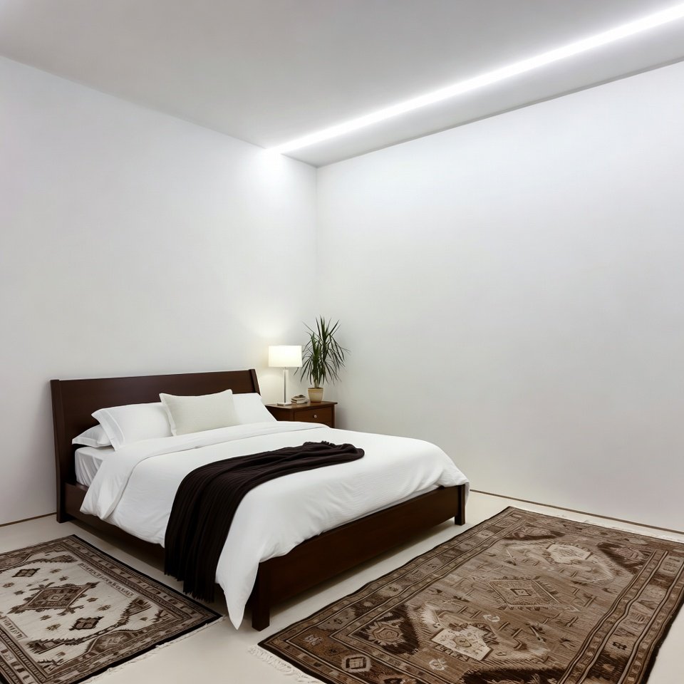 Bedroom decorated with white tones, patterned rugs featuring stylish bedding, accent pillows, and bright, cheerful decor.