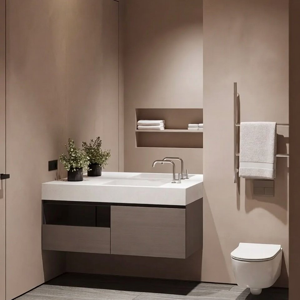 Modern bathroom with a floating vanity and built-in storage, wall-mounted design, and clean lines