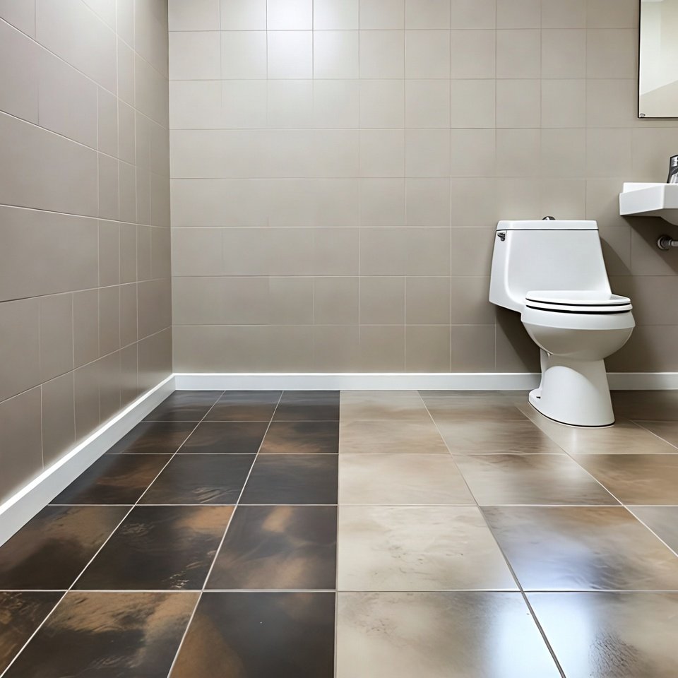 Bathroom featuring a two-toned tile floor with contrasting colors that create a balanced and modern interior look.