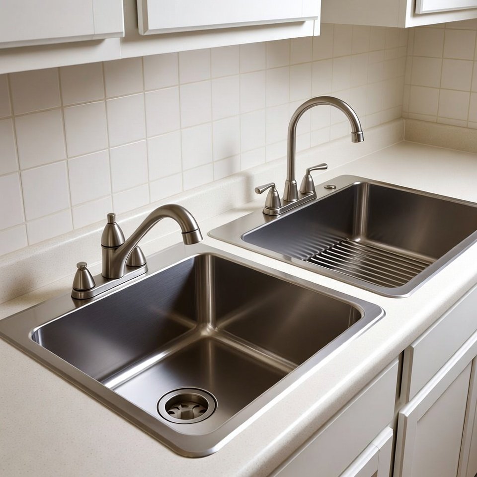 Kitchen with single and double bowl sinks installed in a modern countertop with surrounding cabinets.