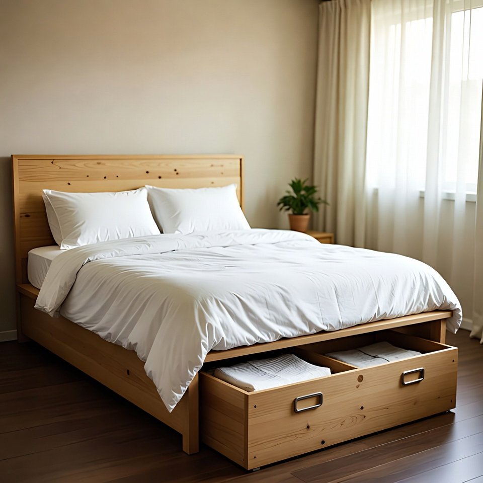 Bedroom with a storage bed set featuring built-in drawers under the bed and matching bedroom furniture.