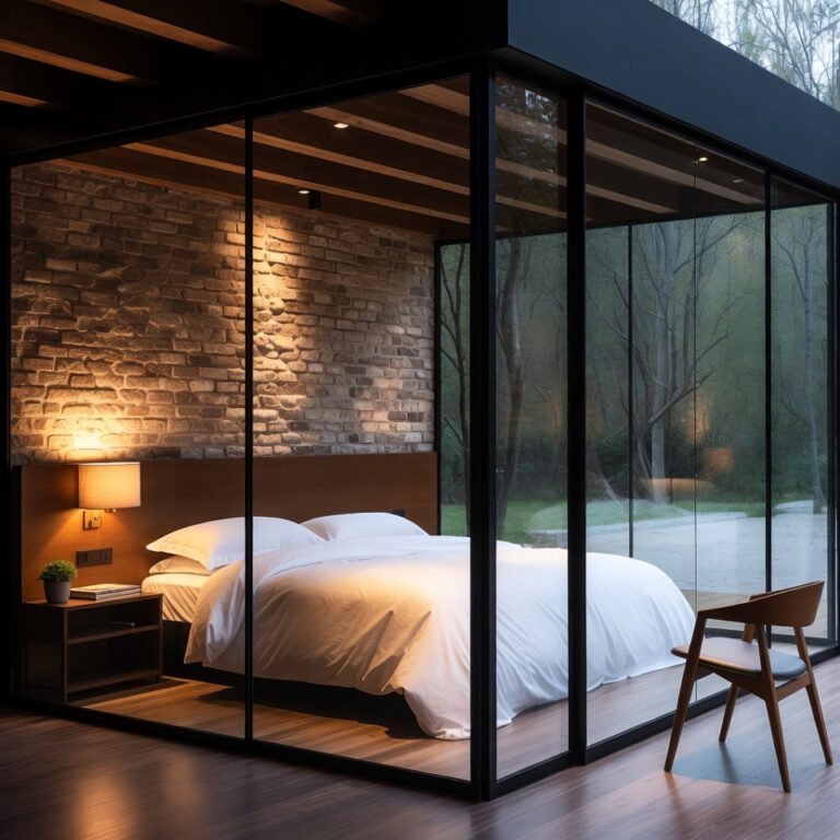 Modern bedroom with glass walls and sleek minimalist design