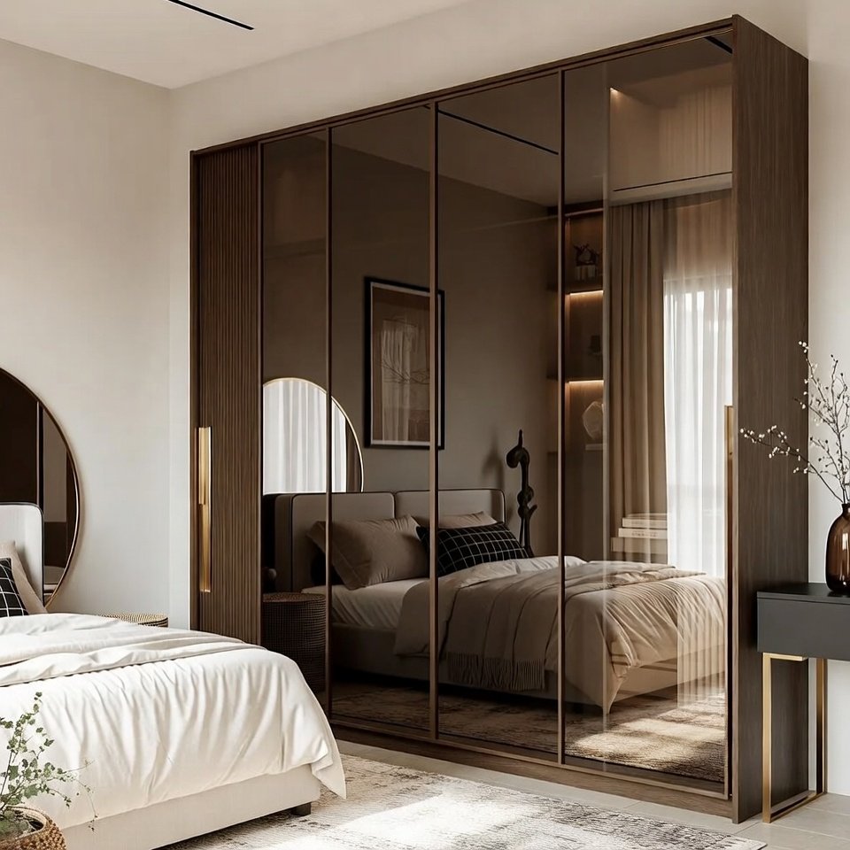 Bedroom with a trending wardrobe featuring sleek doors, modern handles, and a clean, contemporary design.