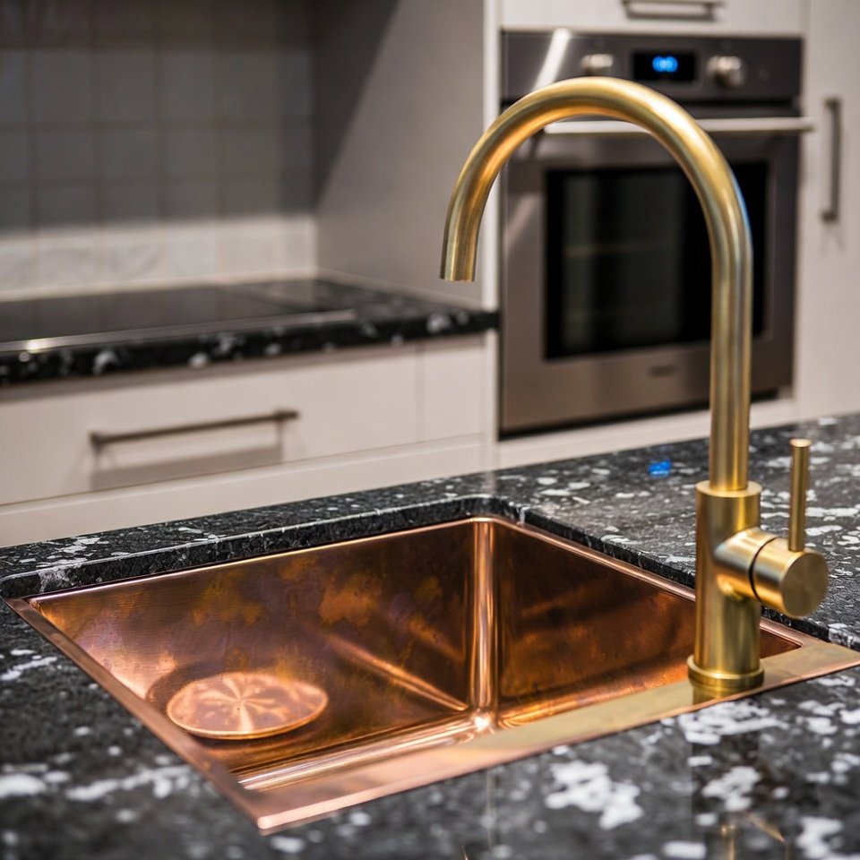 Kitchen with a brass and copper sink installed in a modern countertop with warm metallic finish.