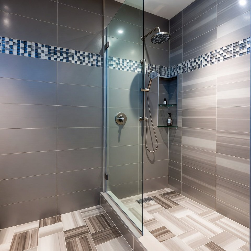 Bathroom with shower area and matching floor tile combination creating a cohesive tile design