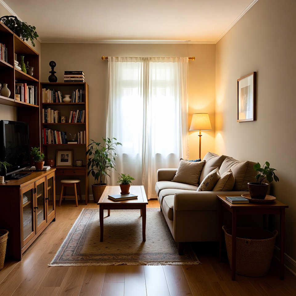 Living room with smart storage solutions, shelves, cabinets, and organized seating area.