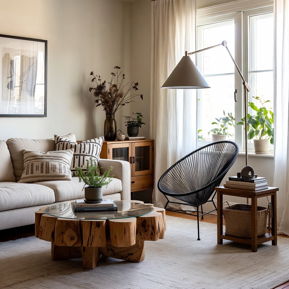Elegant living room with plush sofa, coffee table, and modern interior decor