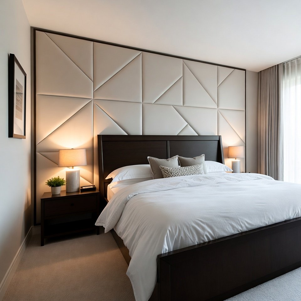 Bedroom with a low profile bedroom set featuring a platform bed, minimal nightstands, and a sleek modern layout.