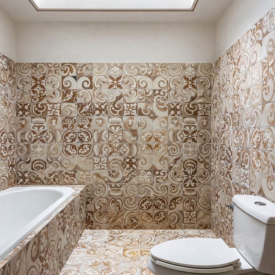 Bathroom with decorative encaustic patterned tiles featuring intricate geometric designs on the floor.