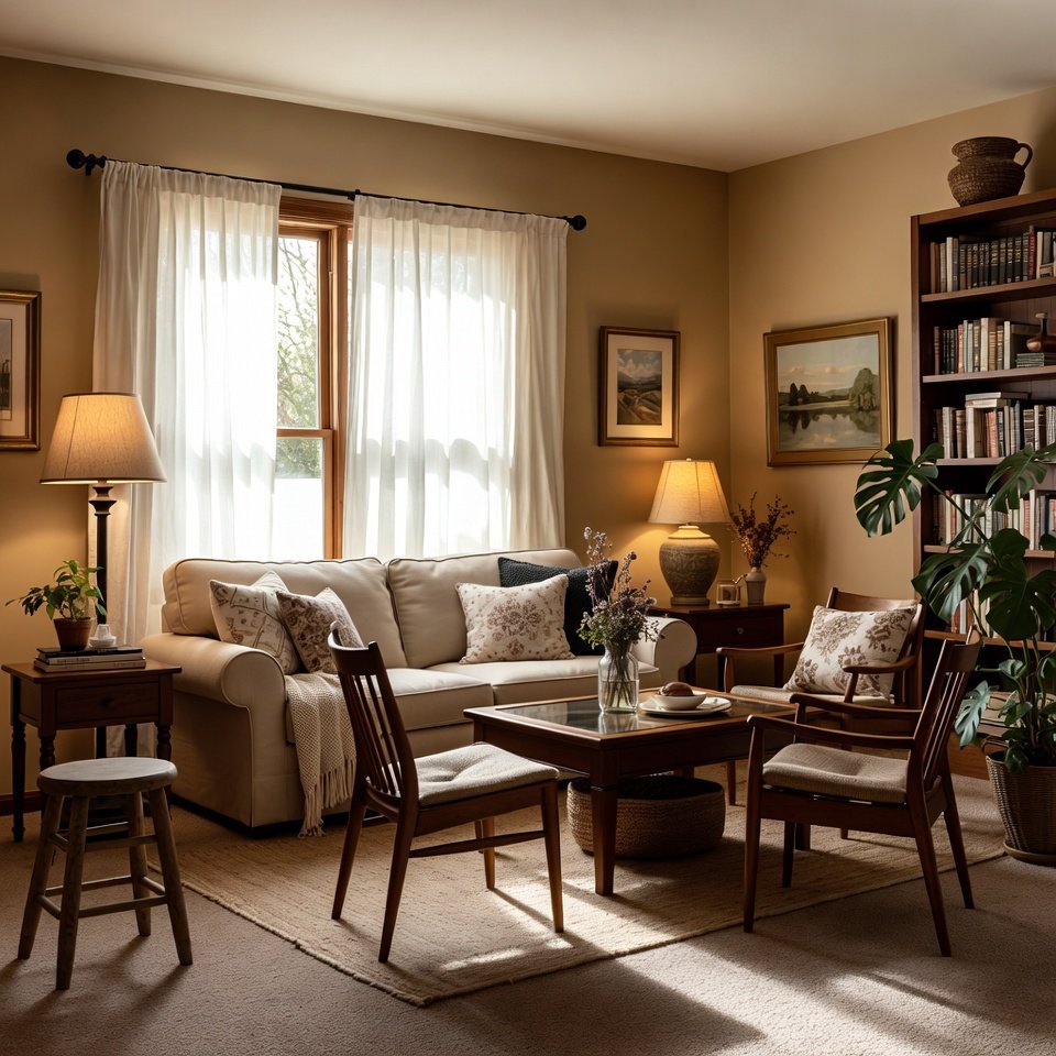 Spacious modern living room with white sofa, coffee table, and wall art accents