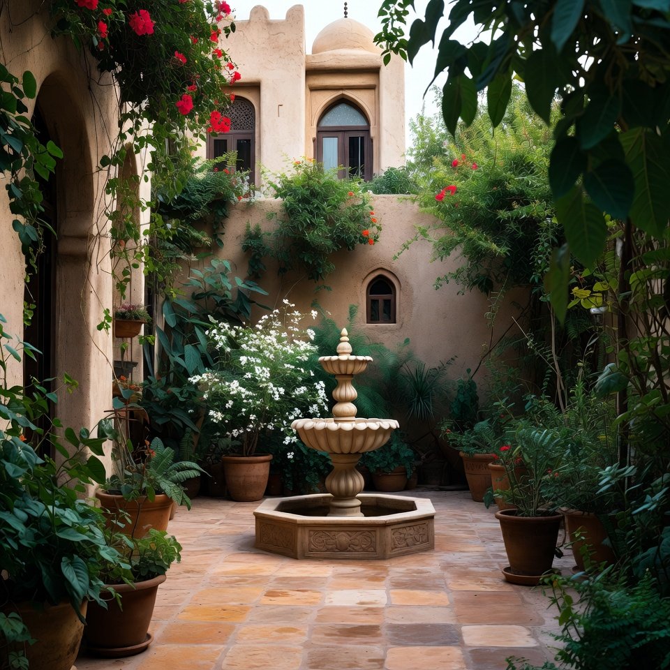 : Modern backyard design with patio seating, greenery, and decorative lighting