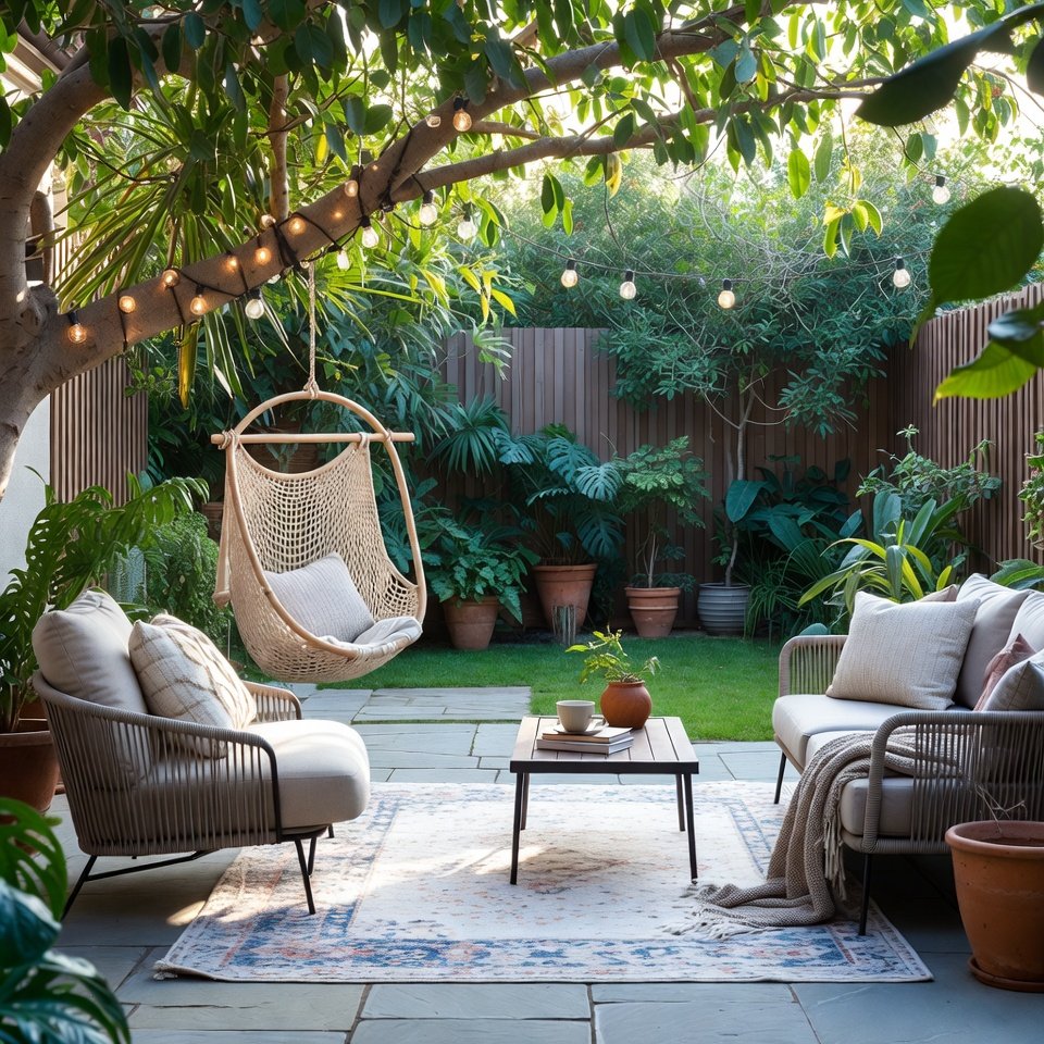 Backyard patio with a cozy seating area, outdoor chairs, and a small table surrounded by plants.