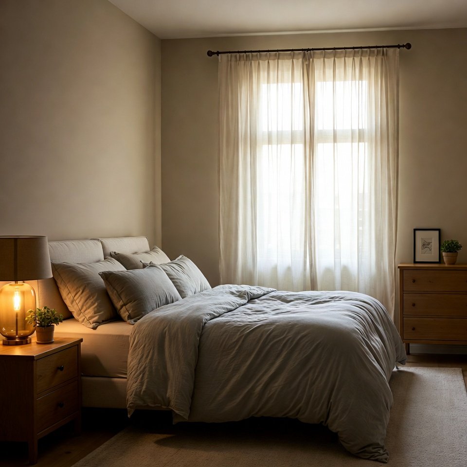 Bedroom with neutral tones featuring a soft beige bed, light wood furniture, and simple décor.