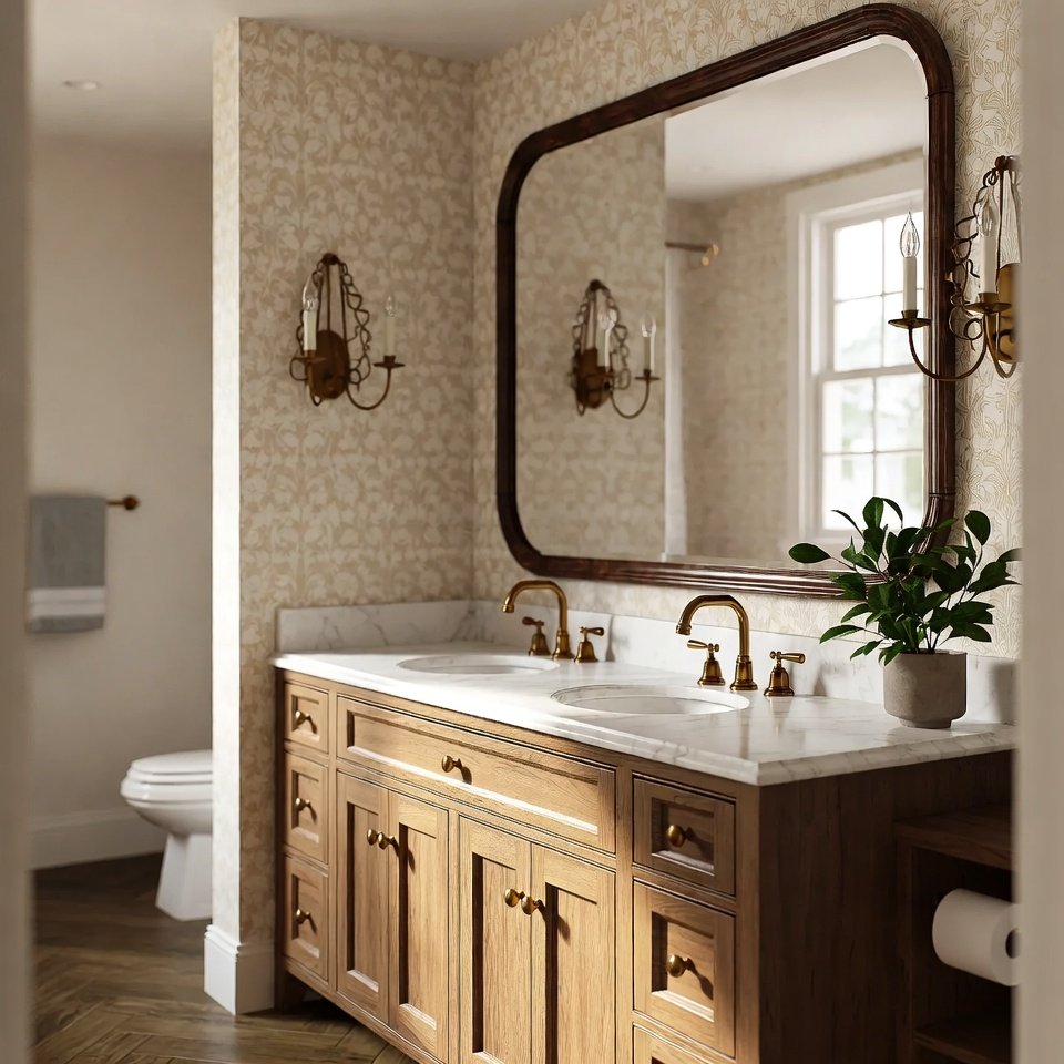 Modern bathroom with a traditional style vanity, classic detailing, and a balanced layout