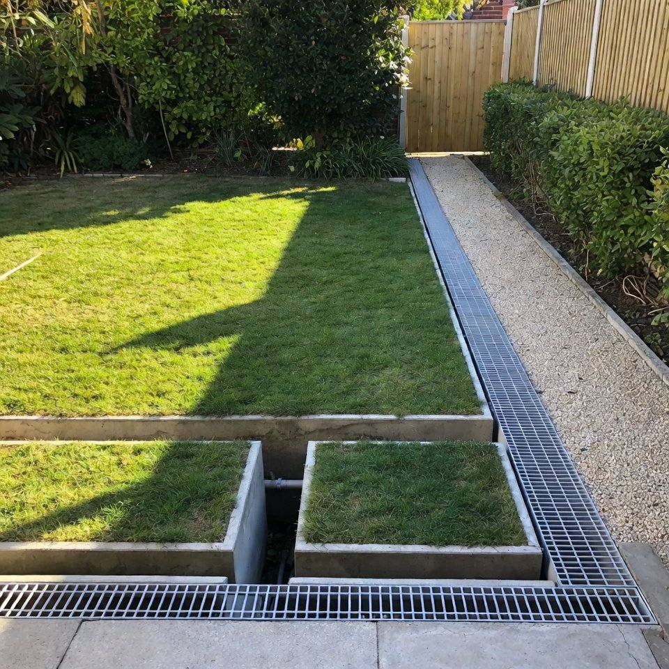 Small backyard garden with vertical wall planters, vibrant flowers, and a narrow stone pathway.