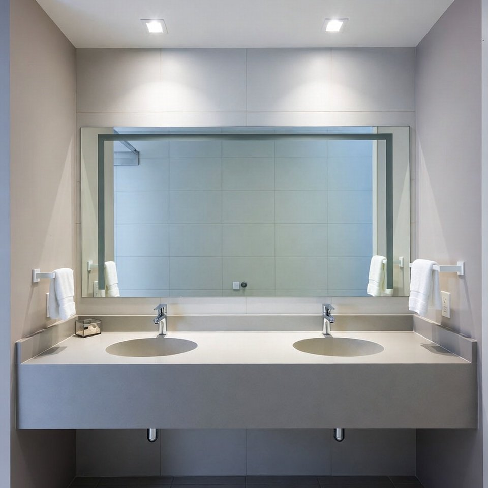 Modern bathroom with a double sink vanity, sleek cabinets, and a wide mirror