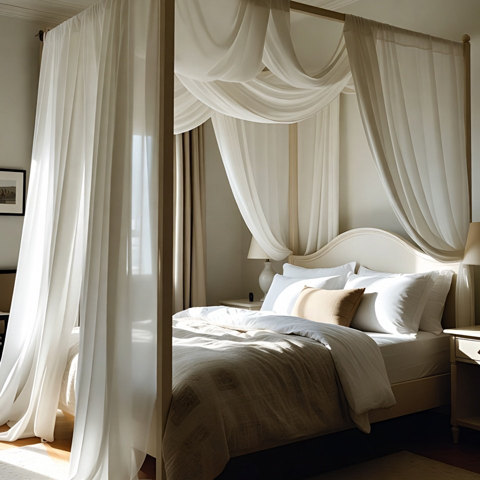 Bedroom with a canopy bed set featuring a four-poster frame with light drapes and matching bedside tables.