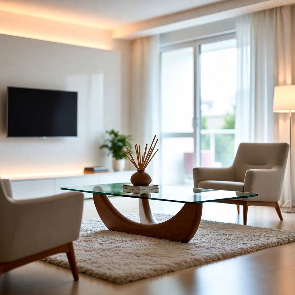 Living room interior with a trending coffee table placed at the center of a modern seating area.