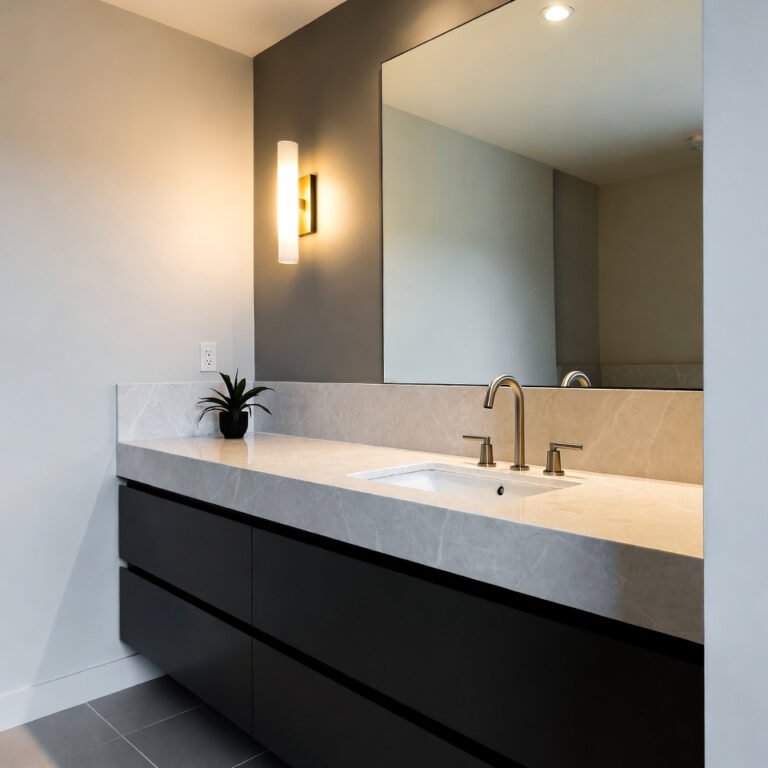 Modern bathroom vanity with a large mirror and layered lighting, clean layout, and sleek finish
