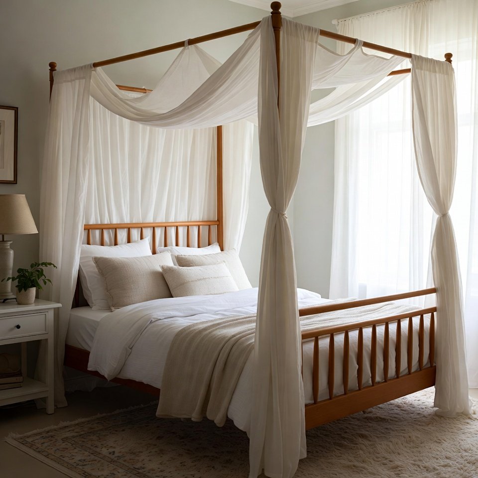 Bedroom with a canopy bed set featuring a tall four-poster bed frame, matching nightstands, and elegant bedroom décor.