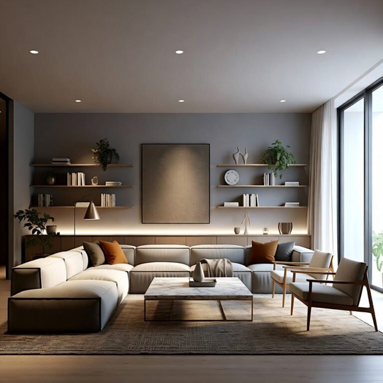 : Modern living room furniture with sofa set, coffee table, and neutral decor in a bright interior.