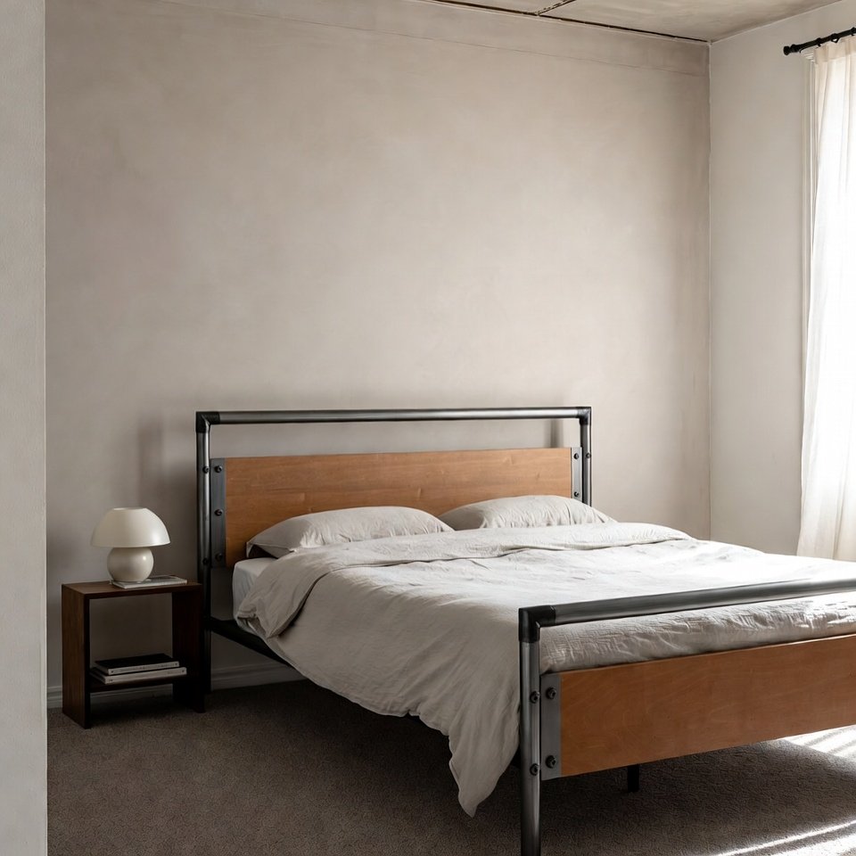 Bedroom with a metal framed bed featuring a black metal bed frame, simple bedding, and minimal bedroom décor.