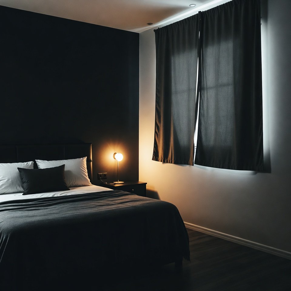 "Modern bedroom with dark tones and moody lighting