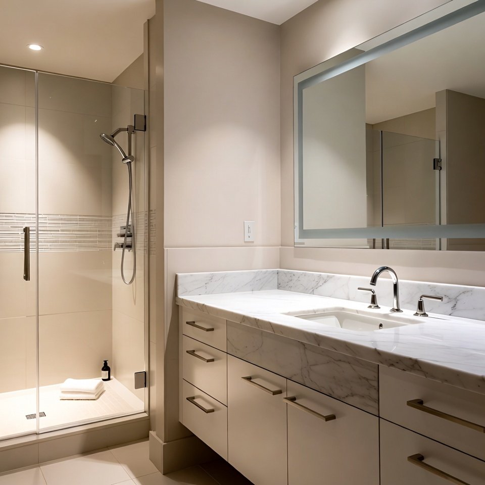 Modern bathroom with a modern vanity, sleek cabinets, and clean lines