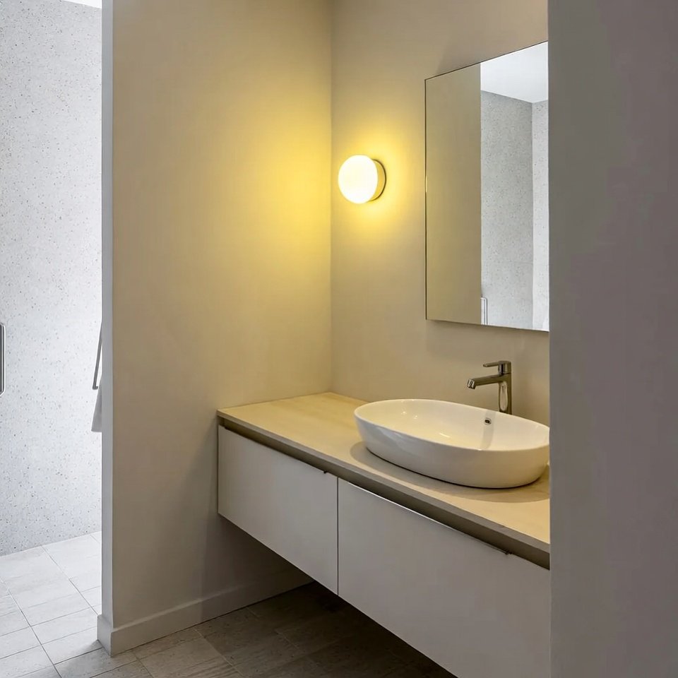 Modern bathroom with a vessel vanity sink, countertop basin, and sleek fixtures