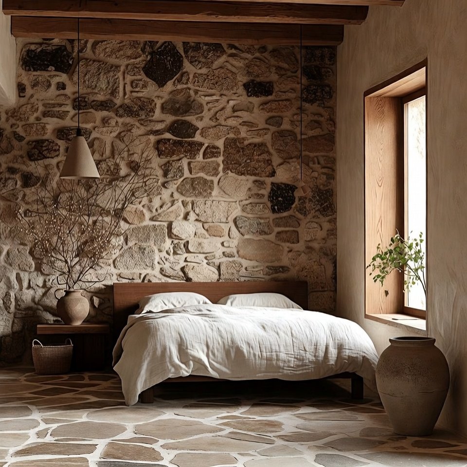 Bedroom decorated with stone accent walls, neutral furniture, and cozy bedding for a natural and elegant look.