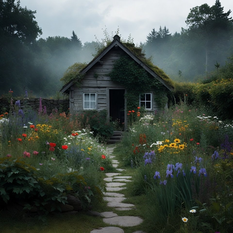 Cozy backyard seating area with rattan chairs, small coffee table, and surrounding greenery.