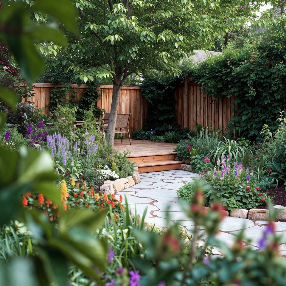 Backyard garden with wooden pergola, outdoor dining table, and climbing plants creating a shaded seating area.