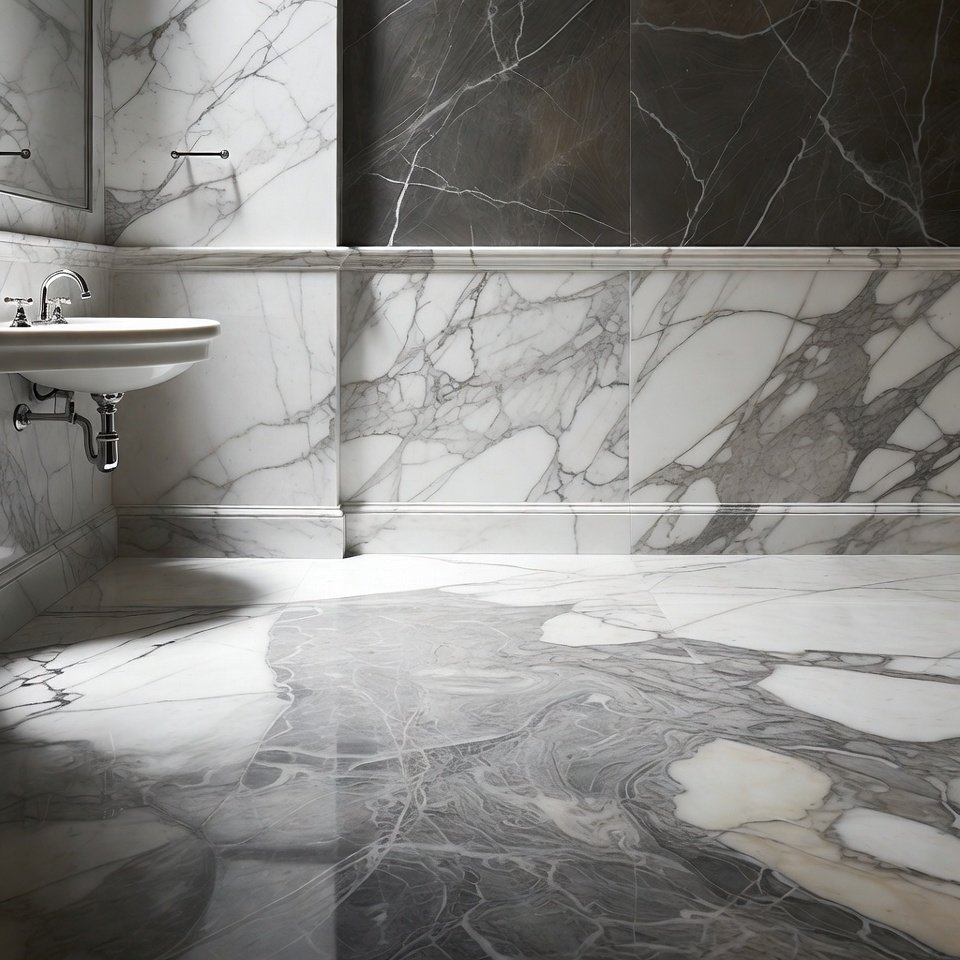 Bathroom with marble floor and wall tiles creating a clean and elegant interior design.