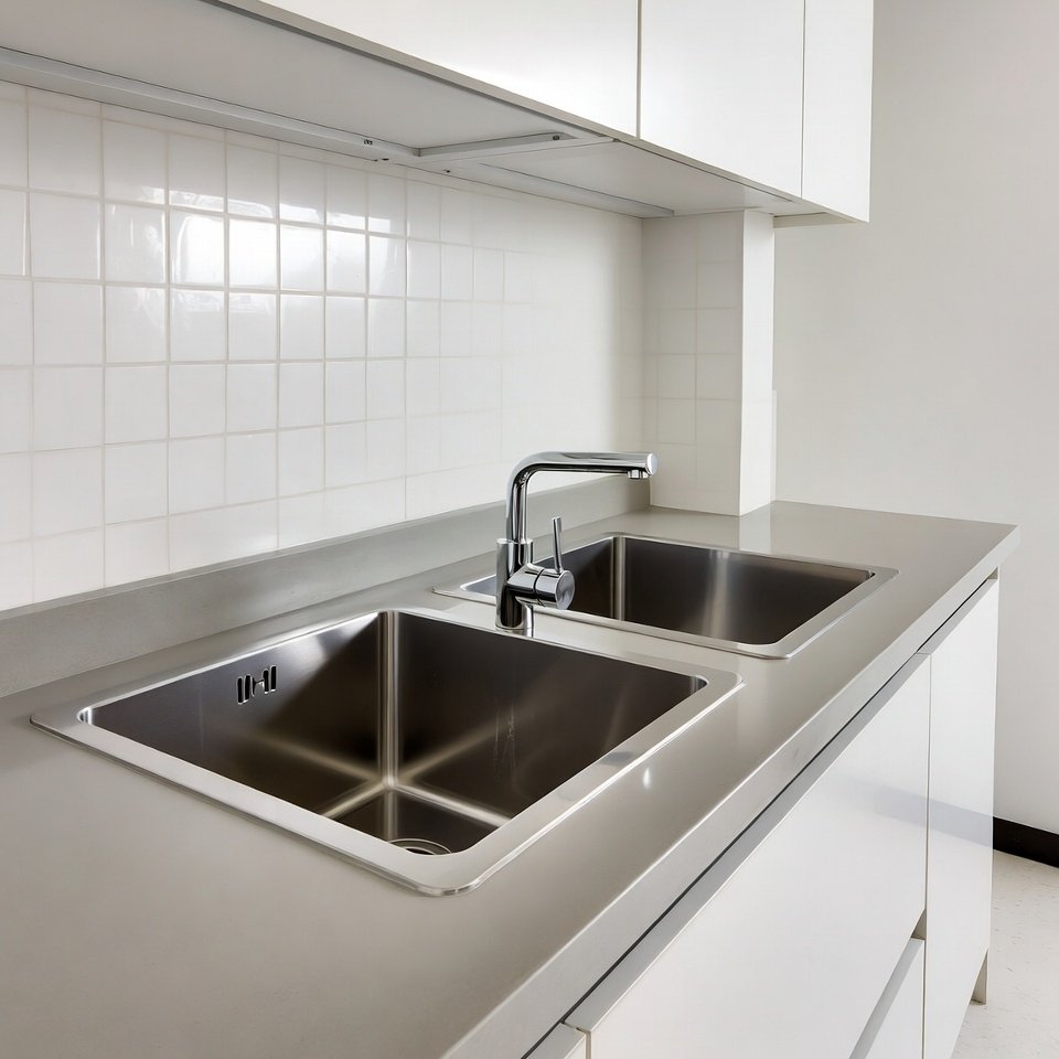 Clean kitchen with a well-maintained sink and polished countertop surface.